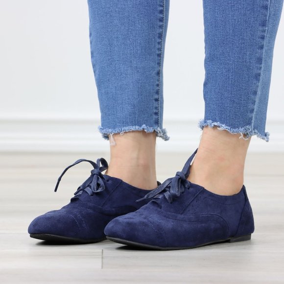 Navy Faux Suede Lace up Oxford Style Shoes Flats - Picture 11 of 12